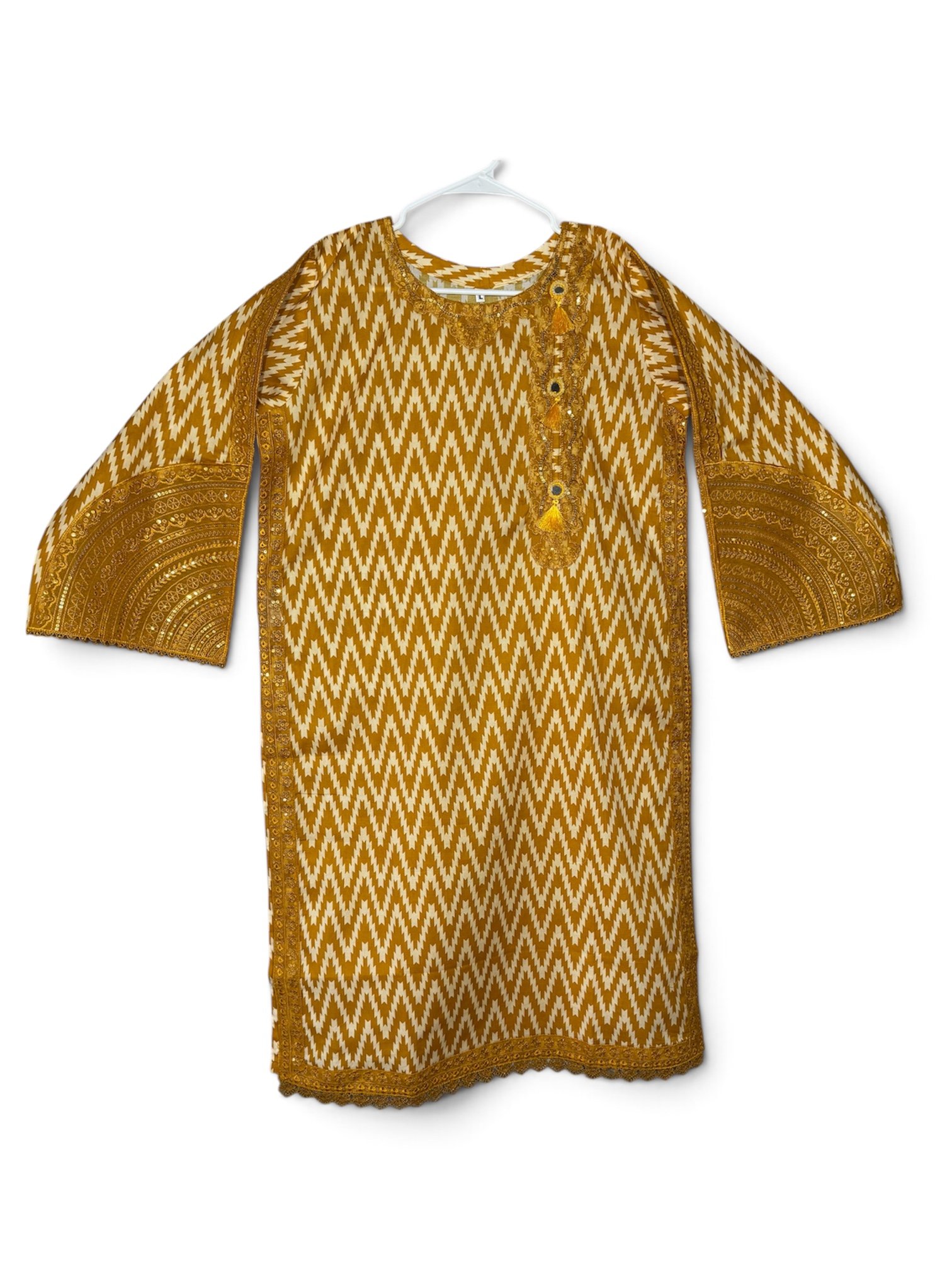 Mustard Yellow Chevron Cotton 3-Piece Suit – Kameez, Trouser & Dupatta (Large)