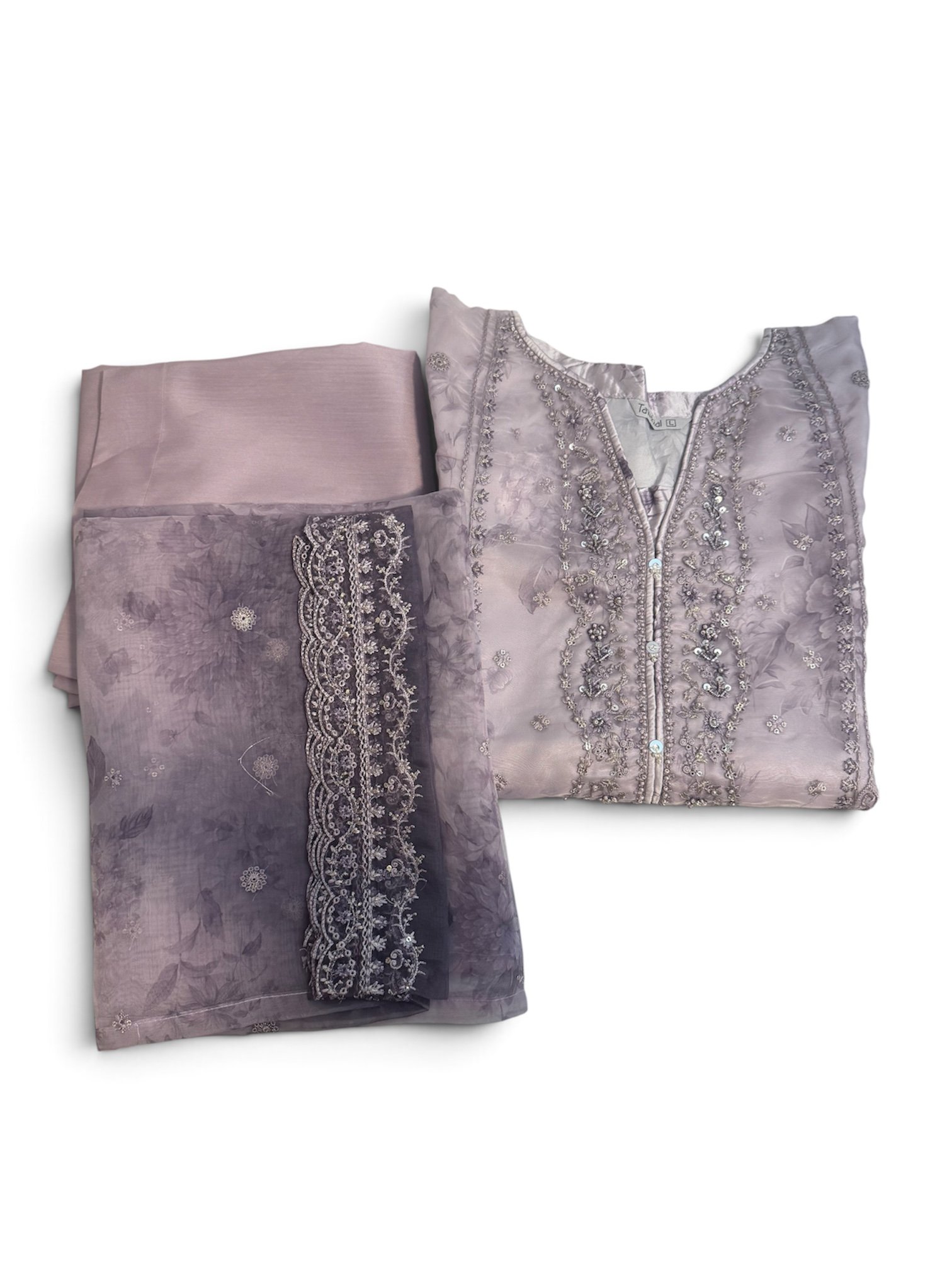 Lavender Grey Floral Embroidered 3-Piece Organza Suit – Scalloped Lace & Sequin Work – Size L