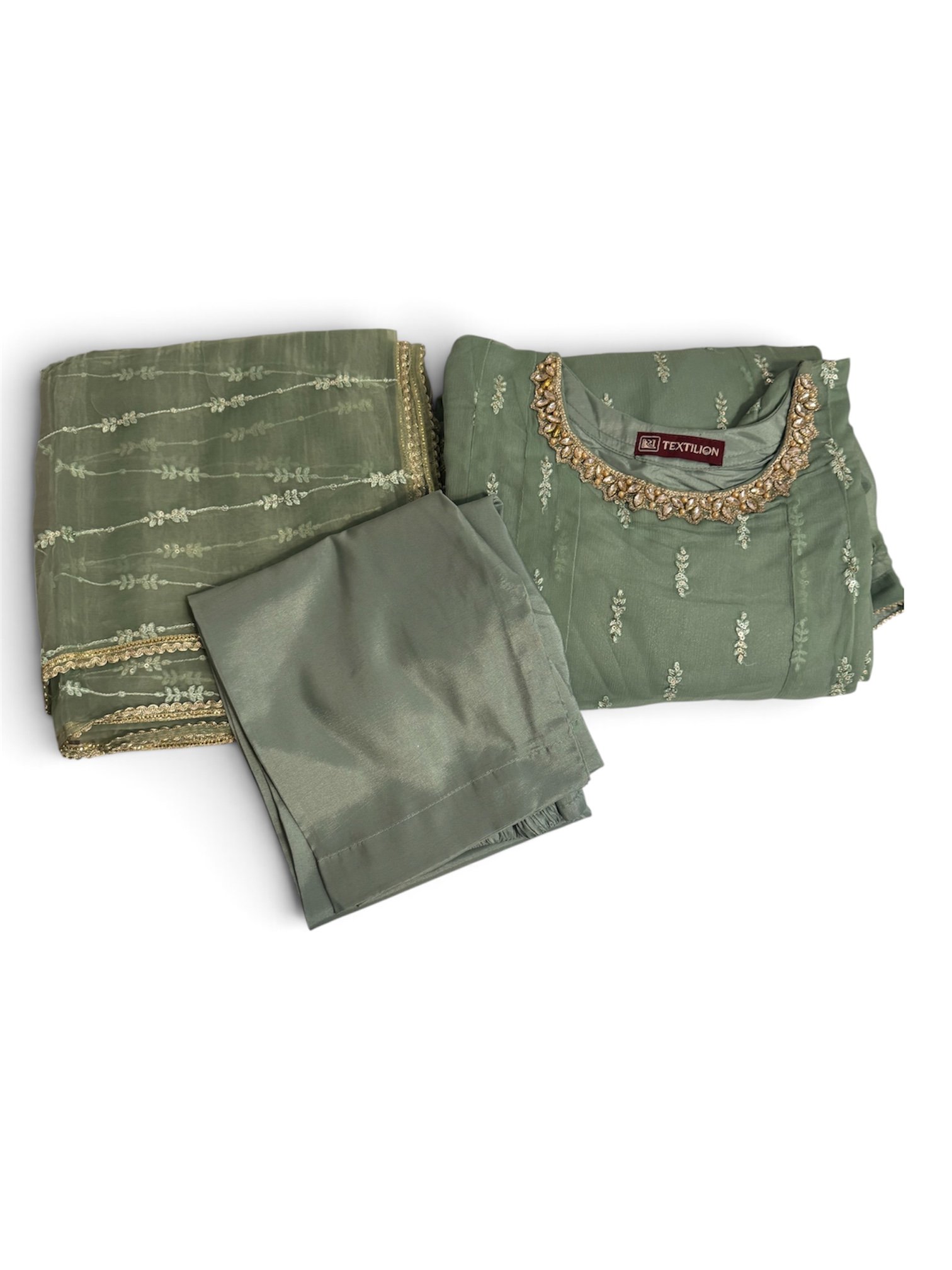 Sage Green Chiffon 3-Piece Anarkali Suit with Gold Kundan Neckline & Scalloped Embroidery