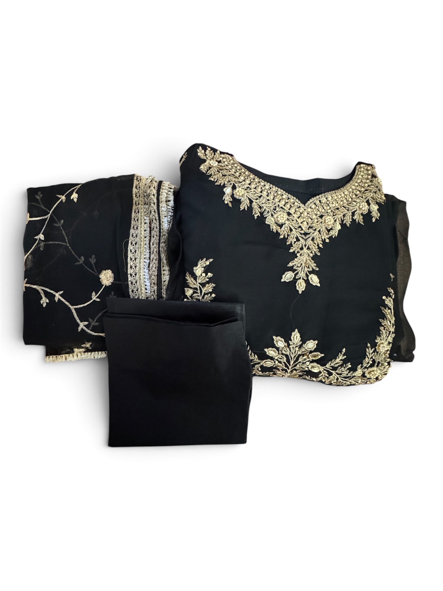 Black & Gold Embroidered Anarkali Maxi Dress – 3 Piece Suit (Large)
