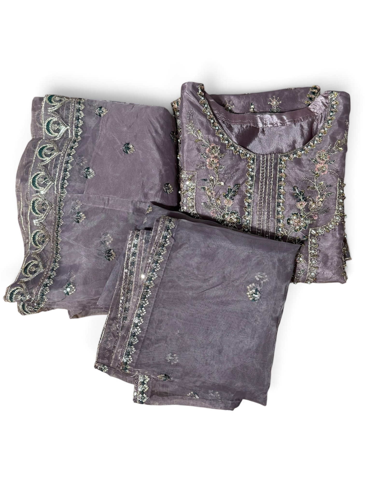 Mauve Organza Embroidered 3-Piece Suit – Kameez, Palazzo & Dupatta