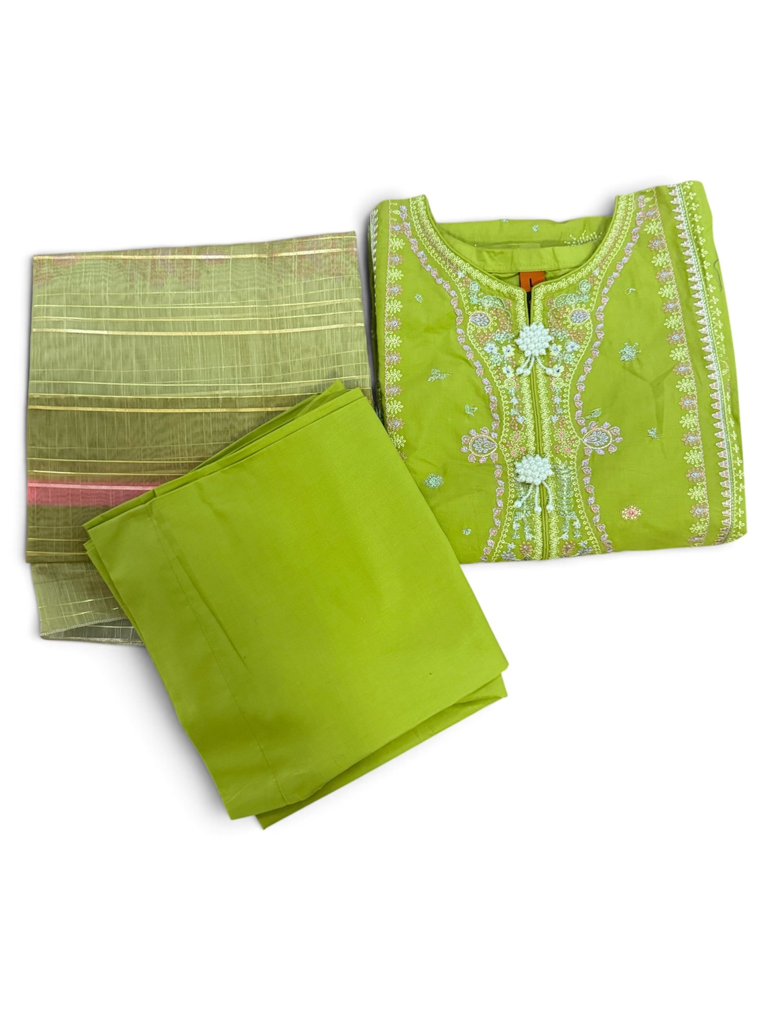 Lime Green Embroidered Cotton Lawn 3-Piece Suit – Long Kameez, Trouser & Dupatta